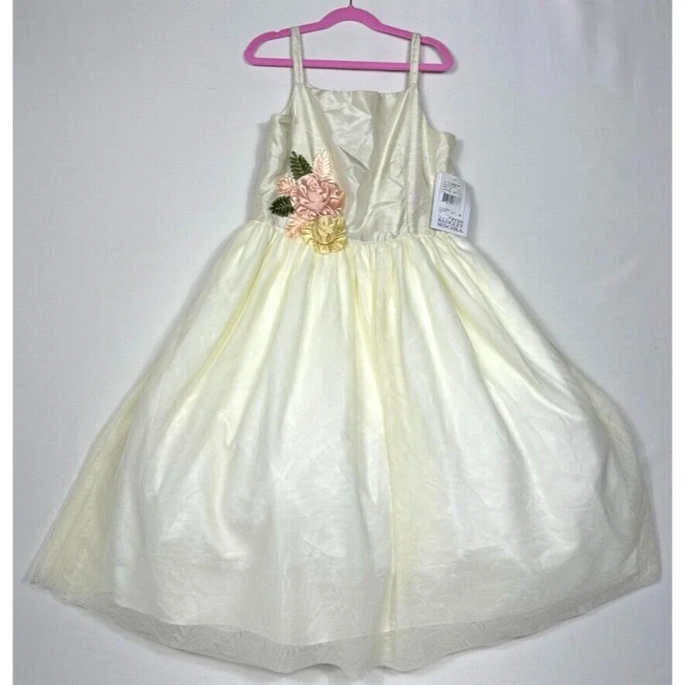 Belle Badgley Mischka Dress 16 Girls Ivory Satin Floral Accent Lined